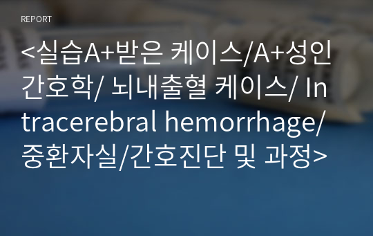 &lt;실습A+받은 케이스/A+성인간호학/ 뇌내출혈 케이스/ Intracerebral hemorrhage/중환자실/간호진단 및 과정&gt;