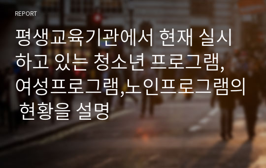 평생교육기관에서 현재 실시하고 있는 청소년 프로그램, 여성프로그램,노인프로그램의 현황을 설명