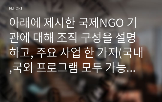 아래에 제시한 국제NGO 기관에 대해 조직 구성을 설명하고, 주요 사업 한 가지(국내,국외 프로그램 모두 가능)를 분석