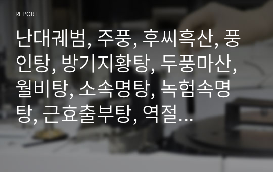 난대궤범, 주풍, 후씨흑산, 풍인탕, 방기지황탕, 두풍마산, 월비탕, 소속명탕, 녹험속명탕, 근효출부탕, 역절탕.hwp