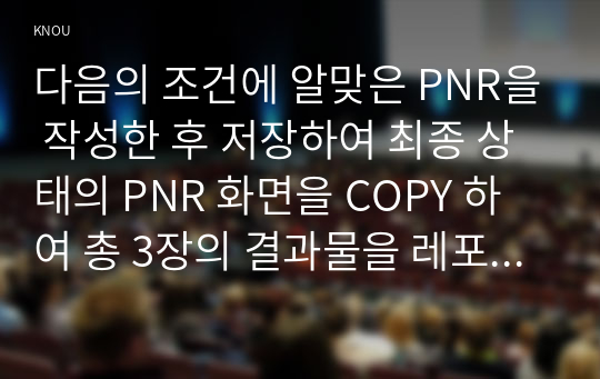 다음의 조건에 알맞은 PNR을 작성한 후 저장하여 최종 상태의 PNR 화면을 COPY 하여 총 3장의 결과물을 레포트 형식으로 제출하시오.