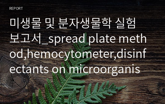 미생물 및 분자생물학 실험 보고서_spread plate method,hemocytometer,disinfectants on microorganism &amp; kirby-bauer disk method