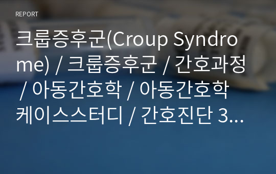 크룹증후군(Croup Syndrome) / 크룹증후군 / 간호과정 / 아동간호학 / 아동간호학 케이스스터디 / 간호진단 3개 간호과정 2개 / 표지목차제외 12페이지/ 간호과정(4페이지) / 아동간호학실습 / case study