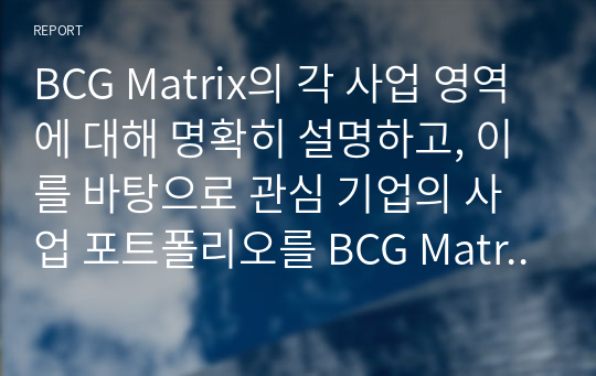 BCG Matrix의 각 사업 영역에 대해 명확히 설명하고, 이를 바탕으로 관심 기업의 사업 포트폴리오를 BCG Matrix를 이용해 분석