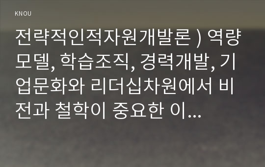 전략적인적자원개발론 ) 역량모델, 학습조직, 경력개발, 기업문화와 리더십차원에서 비전과 철학이 중요한 이유를 논리적으로 제시하시오.