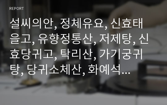 설씨의안, 정체유요, 신효태을고, 유향정통산, 저제탕, 신효당귀고, 탁리산, 가기궁귀탕, 당귀소체산, 화예석산, 경험방, 소독정통산, 약저방