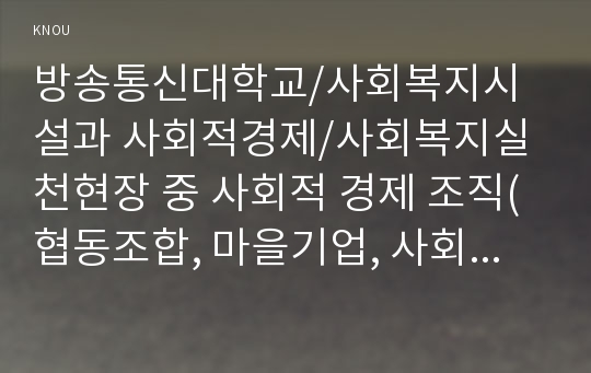 사회복지실천현장 중 사회적 경제 조직(협동조합, 마을기업, 사회적기업 등) 기관을 한 곳 선정하여 다음을 작성하시오