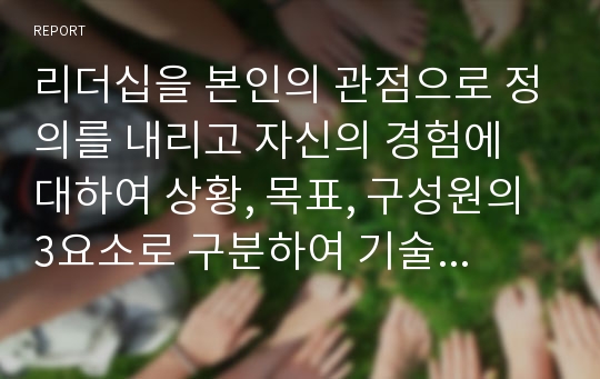 리더십을 본인의 관점으로 정의를 내리고 자신의 경험에 대하여 상황, 목표, 구성원의 3요소로 구분하여 기술하고 마지막으로 시사점을 정리해주세요