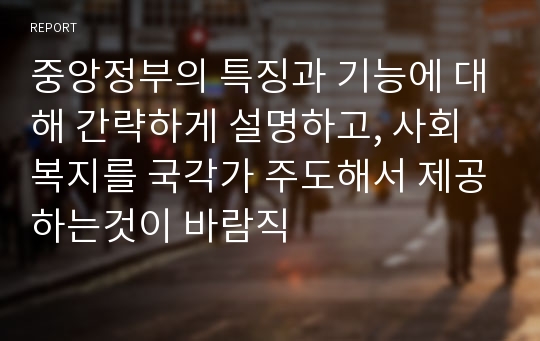 중앙정부의 특징과 기능에 대해 간략하게 설명하고, 사회복지를 국각가 주도해서 제공하는것이 바람직