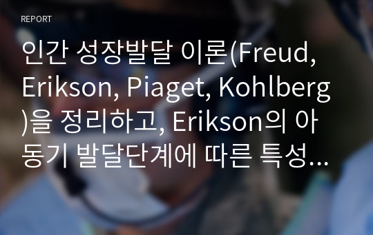 인간 성장발달 이론(Freud, Erikson, Piaget, Kohlberg)을 정리하고, Erikson의 아동기 발달단계에 따른 특성을 이론과 실제 사례를 비교 고찰A+ 자료 입니다.