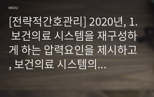 [전략적간호관리] 2021년, 1. 보건의료 시스템을 재구성하게 하는 압력요인을 제시하고, 보건의료 시스템의 재구성과 맞물려 부상하고 있는 간호 가치와 갈등은 어떤 것이 있을 수 있는지 구체적인 예를 제시하여 설명. 미래의 간호관리자가 갖추어야 할 역량. 2. 전략계획이 무엇인지 설명하고, 의료조직에 전략계획을 도입해야 하는 이유 및 전략계획의 장점