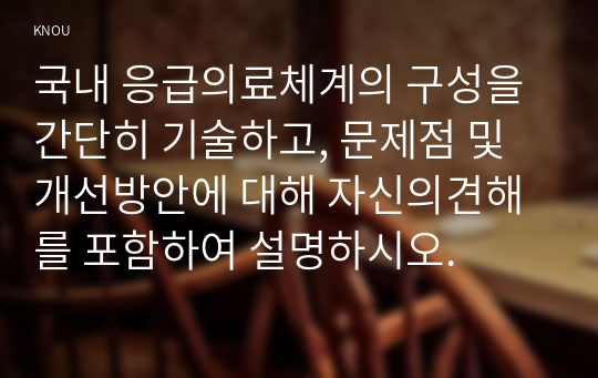 국내 응급의료체계의 구성을 간단히 기술하고, 문제점 및 개선방안에 대해 자신의견해를 포함하여 설명하시오.