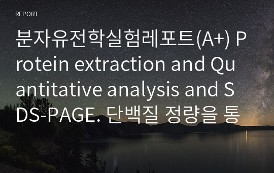 분자유전학실험레포트(A+) Protein extraction and Quantitative analysis and SDS-PAGE. 단백질 정량을 통한 단백질 sample의 농도 추정 및 SDS-PAGE의 staining결과 패턴 분석(BSA 희석배수에 따른 O.D.값과 단백질 농도 그래프有, staining한 사진有). protein 염색법.