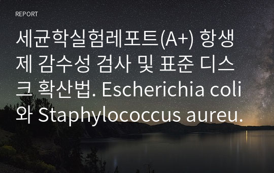 세균학실험레포트(A+) 항생제 감수성 검사 및 표준 디스크 확산법. Escherichia coli와 Staphylococcus aureus를 muller hinton agar 배지를 사용하여 ampicillin, penicillin, cefotaxime의 세가지 항생제에 대해 감수성 검사 및 해석(사진有). 그람양성/음성균 판단.