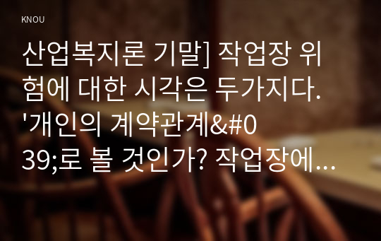 산업복지론 기말] 작업장 위험에 대한 시각은 두가지다. &#039;개인의 계약관계&#039;로 볼 것인가? 작업장에 내재된 &#039;구조적 관계&#039;로 볼 것인가? 두가지 관점에 따른 차이, 본인이 지지하는 관점 이유