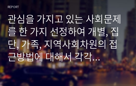 관심을 가지고 있는 사회문제를 한 가지 선정하여 개별, 집단, 가족, 지역사회차원의 접근방법에 대해서 각각 3가지 이상 제시하시오