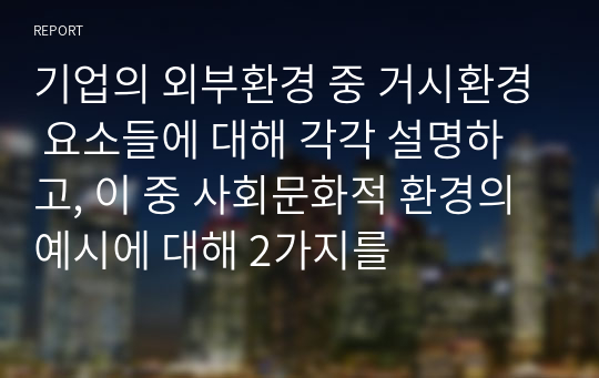 기업의 외부환경 중 거시환경 요소들에 대해 각각 설명하고, 이 중 사회문화적 환경의 예시에 대해 2가지를