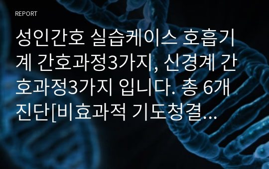 성인간호 실습케이스 호흡기계 간호과정3가지, 신경계 간호과정3가지 입니다. 총 6개 진단[비효과적 기도청결, 비효율적 호흡양상, 수면장애, 신체기동성장애, 비효과적 뇌조직 관류의 위험, 낙상 위험성]