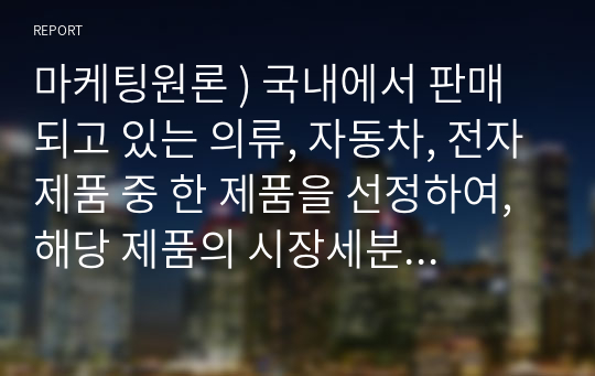 마케팅원론 ) 국내에서 판매되고 있는 의류, 자동차, 전자제품 중 한 제품을 선정하여, 해당 제품의 시장세분화, 표적시장 선정, 포지셔닝을 각 단계별로 설명하시오