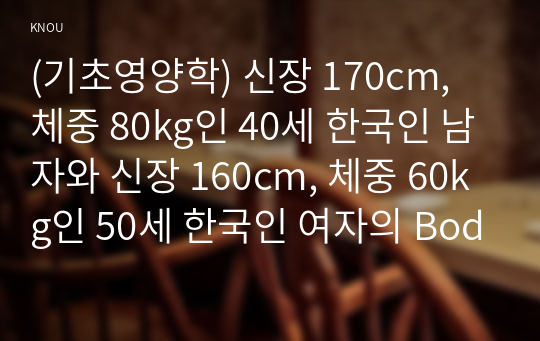 (기초영양학) 신장 170cm, 체중 80kg인 40세 한국인 남자와 신장 160cm, 체중 60kg인 50세 한국인 여자의 Body Mass Index (BMI)를