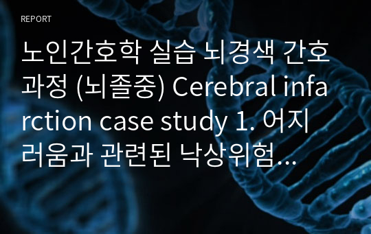 노인간호학 실습 뇌경색 간호과정 (뇌졸중) Cerebral infarction case study 1. 어지러움과 관련된 낙상위험성  2. 부동과 관련된 피부손상위험성  3. 오른쪽 신체마비와 관련된 신체 기동성 장애