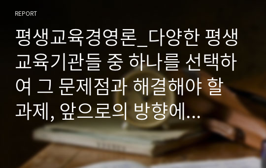 평생교육경영론_다양한 평생교육기관들 중 하나를 선택하여 그 문제점과 해결해야 할 과제, 앞으로의 방향에 대해 논의하시오.