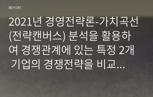 2021년 경영전략론-가치곡선(전략캔버스) 분석을 활용하여 경쟁관계에 있는 특정 2개 기업의 경쟁전략을 비교 설명하시오.