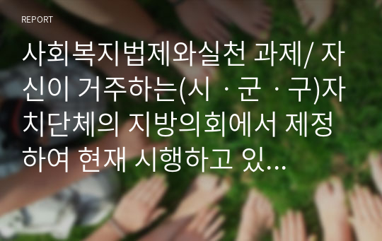 사회복지법제와실천 과제/ 자신이 거주하는(시ㆍ군ㆍ구)자치단체의 지방의회에서 제정하여 현재 시행하고 있는 사회복지관련 조례1개를 조사하고, 조사한 조례의 각 조항에 입각한 조례의 문제점과 개선점에 대해 자신의 의견을 기술하시오.