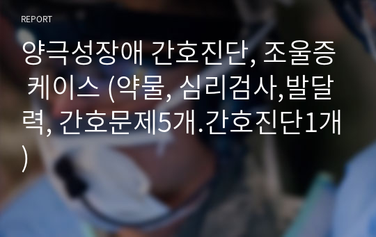 양극성장애 간호진단, 조울증 케이스 (약물, 심리검사,발달력, 간호문제5개.간호진단1개)