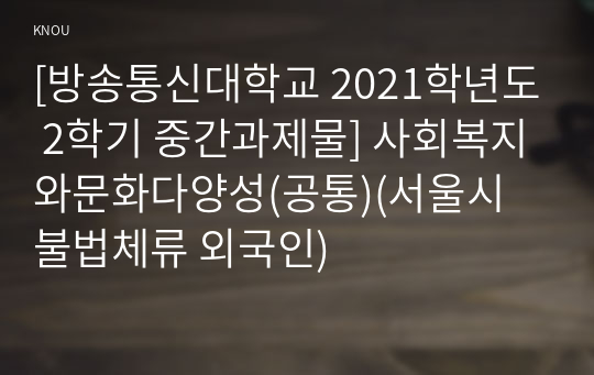 [방송통신대학교 2021학년도 2학기 중간과제물] 사회복지와문화다양성(공통)(서울시 불법체류 외국인)