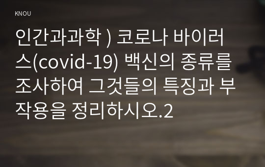 인간과과학 ) 코로나 바이러스(covid-19) 백신의 종류를 조사하여 그것들의 특징과 부작용을 정리하시오.2