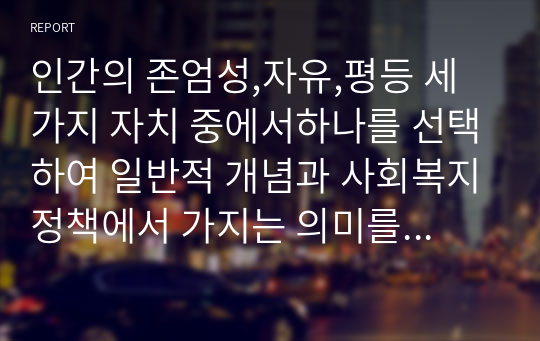 인간의 존엄성,자유,평등 세가지 자치 중에서하나를 선택하여 일반적 개념과 사회복지정책에서 가지는 의미를 설명하고