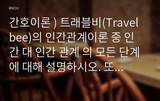 간호이론 ) 트래블비(Travelbee)의 인간관계이론 중 인간 대 인간 관계 의 모든 단계에 대해 설명하시오. 또한 간호사-환자 관계 형성에서 최적의 상호작용을 제공하기 위해 자신이 가지고 있는 강점과 취약점에 대해 단계별로 기술