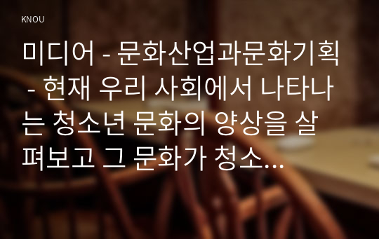 미디어 - 문화산업과문화기획 - 현재 우리 사회에서 나타나는 청소년 문화의 양상을 살펴보고 그 문화가 청소년이 받고 있는 불리한 대우와 어떻게 연관되어 있는지에 대해 분석