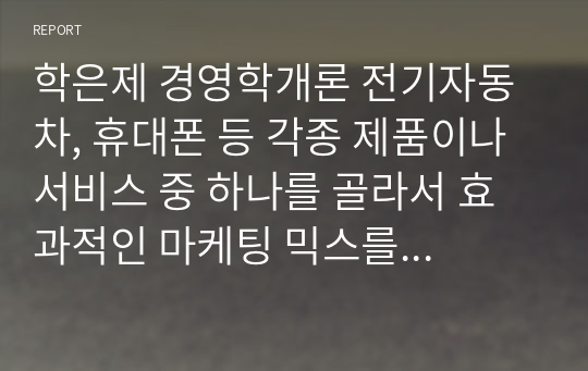 학은제 경영학개론 전기자동차, 휴대폰 등 각종 제품이나 서비스 중 하나를 골라서 효과적인 마케팅 믹스를 생각해보자.