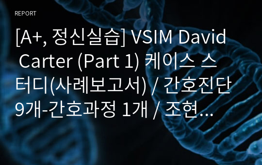 [A+, 정신실습] VSIM David Carter (Part 1) 케이스 스터디(사례보고서) / 간호진단 9개-간호과정 1개 / 조현병 / 데이비드카터 / 감각지각장애