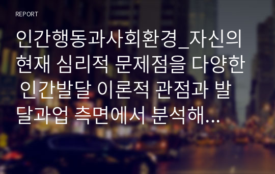 인간행동과사회환경_자신의 현재 심리적 문제점을 다양한 인간발달 이론적 관점과 발달과업 측면에서 분석해보고 사회복지실천에서 가능한 문제해결 방안을 제시하시오.