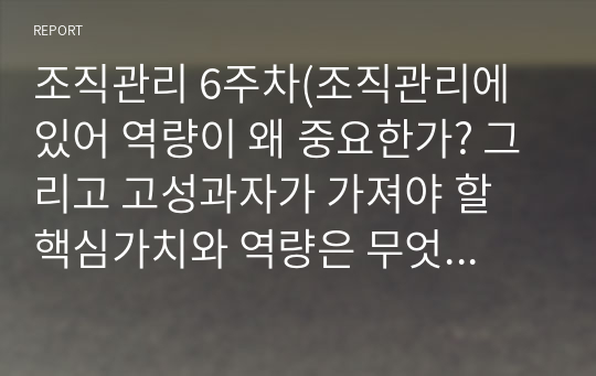 조직관리 6주차(조직관리에 있어 역량이 왜 중요한가? 그리고 고성과자가 가져야 할 핵심가치와 역량은 무엇인가?, 경영혁신과 창의성의 관계는?, 창의적인 조직구축 그리고 워크스마트 방안은 무엇인가?, 조직에서 스트레스 관리를 왜 하여야만 하는가? 그리고 개인 및 조직차원에서 스트레스 관리방안은 무엇인가?)