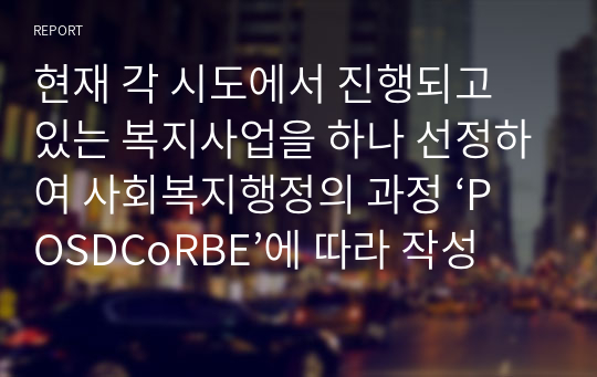 현재 각 시도에서 진행되고 있는 복지사업을 하나 선정하여 사회복지행정의 과정 ‘POSDCoRBE’에 따라 작성