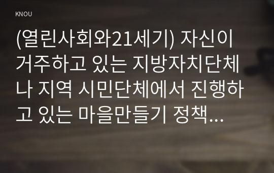 (열린사회와21세기) 자신이 거주하고 있는 지방자치단체나 지역 시민단체에서 진행하고 있는 마을만들기 정책 및 활동