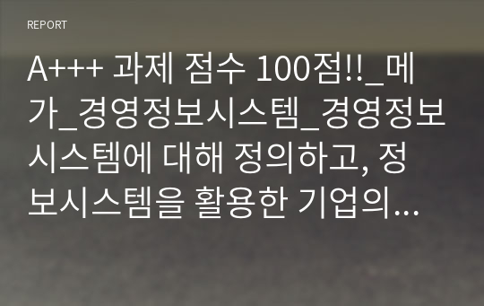 A+++ 과제 점수 100점!!_메가_경영정보시스템_경영정보시스템에 대해 정의하고, 정보시스템을 활용한 기업의 성공사례에 대해 조사하고, 해당 사례의 성공 이유에 대해 본인의 의견을 서술하시오.