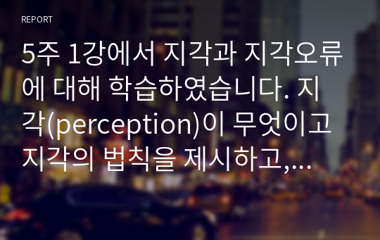 5주 1강에서 지각과 지각오류에 대해 학습하였습니다. 지각(perception)이 무엇이고 지각의 법칙을 제시하고, 지각오류가