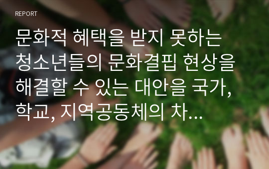 문화적 혜택을 받지 못하는 청소년들의 문화결핍 현상을 해결할 수 있는 대안을 국가, 학교, 지역공동체의 차원에서 제시