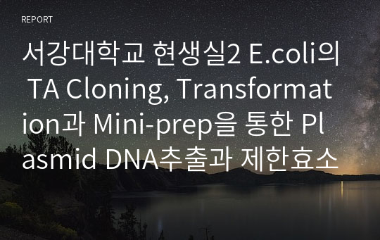 서강대학교 현생실2 E.coli의 TA Cloning, Transformation과 Mini-prep을 통한 Plasmid DNA추출과 제한효소처리 후 젤 전기용동을 통한 Enzyme cut