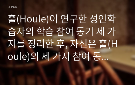 훌(Houle)이 연구한 성인학습자의 학습 참여 동기 세 가지를 정리한 후, 자신은 훌(Houle)의 세 가지 참여 동기 이론 중 어디에 속하는 유형이며 어떤 특성을 가진 학습자인지 분석 서술하고, 가족이나 친구, 주변 지인 등 3인 이상의 사례를 서술해 보시기 바랍니다.