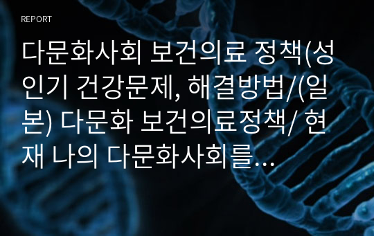 다문화사회 보건의료 정책(성인기 건강문제, 해결방법/(일본) 다문화 보건의료정책/ 현재 나의 다문화사회를 바라보는 모습)