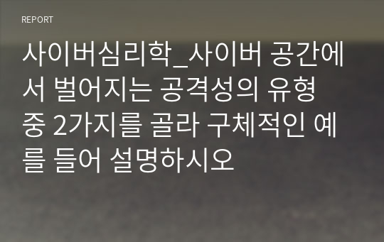 사이버심리학_사이버 공간에서 벌어지는 공격성의 유형 중 2가지를 골라 구체적인 예를 들어 설명하시오