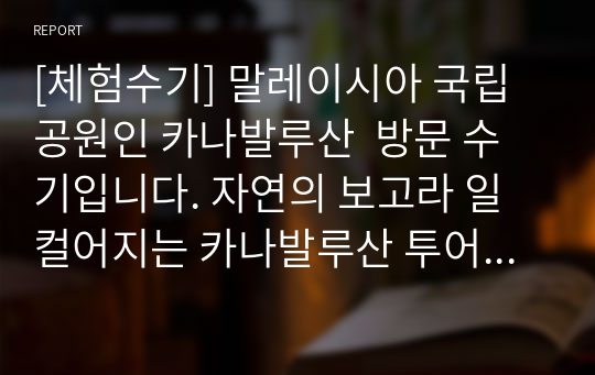 [체험수기] 말레이시아 국립공원인 카나발루산  방문 수기입니다. 자연의 보고라 일컬어지는 카나발루산 투어의 감동이 잘 드러난 명작입니다.