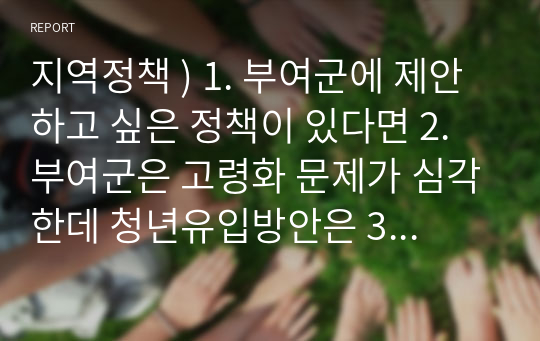 지역정책 ) 1. 부여군에 제안하고 싶은 정책이 있다면 2. 부여군은 고령화 문제가 심각한데 청년유입방안은 3. 부여군의 정책이나 현안사업에 아는 것이 있나요