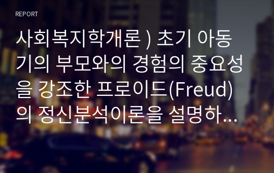 초기 아동기의 부모와의 경험의 중요성을 강조한 프로이드(Freud)의 정신분석이론을 설명하고 프로이드가 제시한 의식의 구조 중 무의식의 영역을 설명